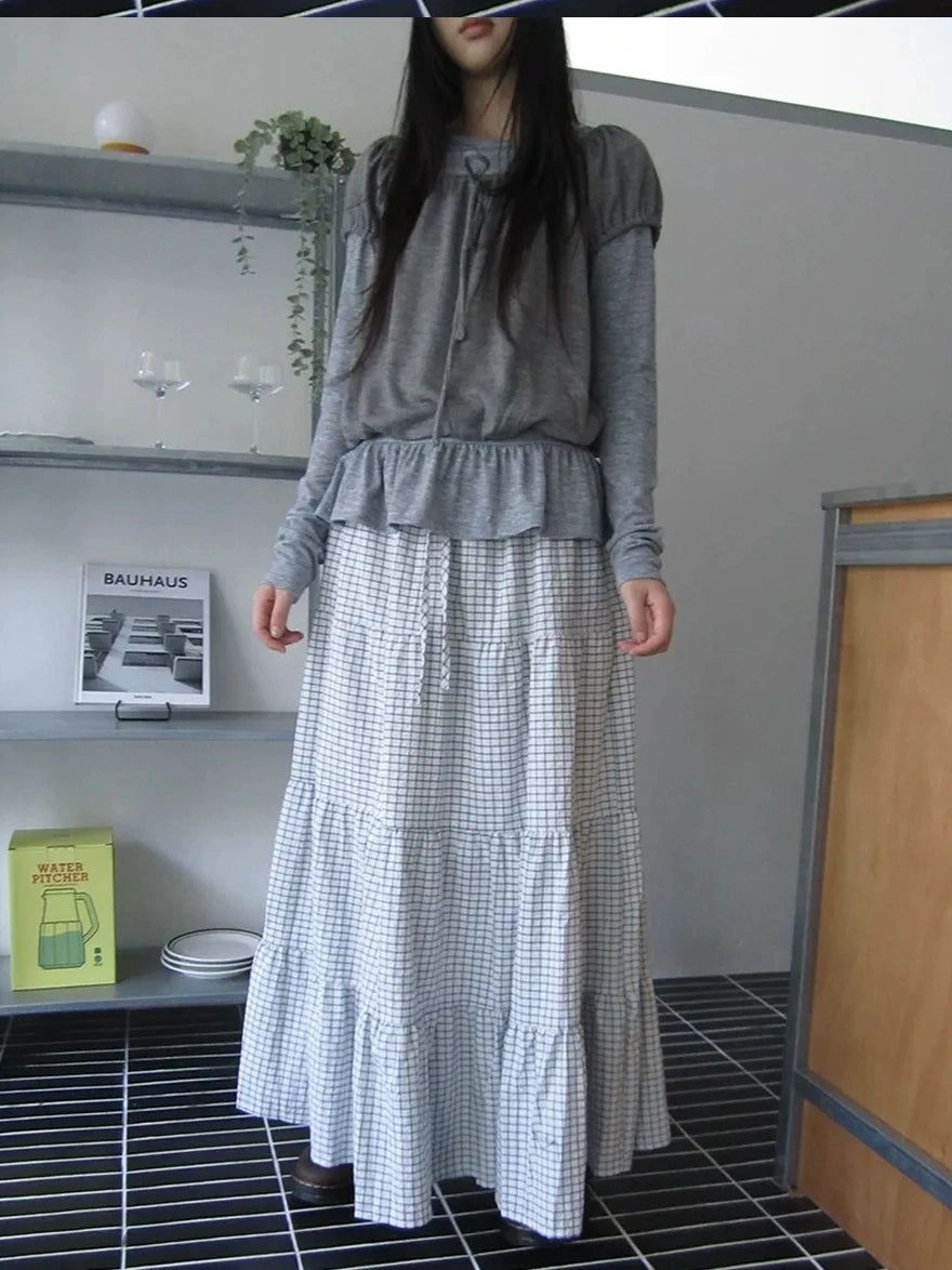 ang project Blue White Plaid Tie Waist A Line Skirt Skirt