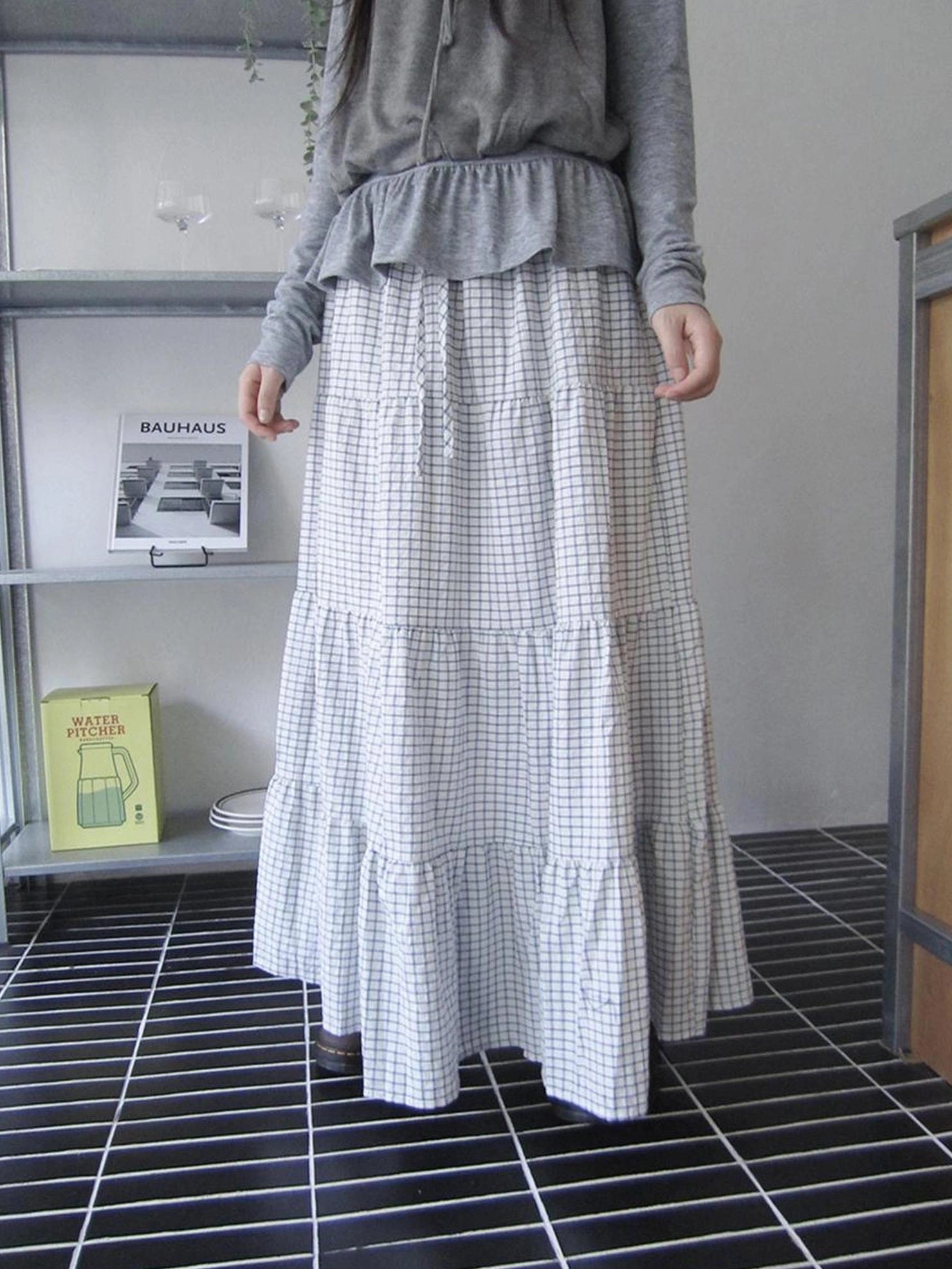 ang project Blue White Plaid Tie Waist A Line Skirt Skirt