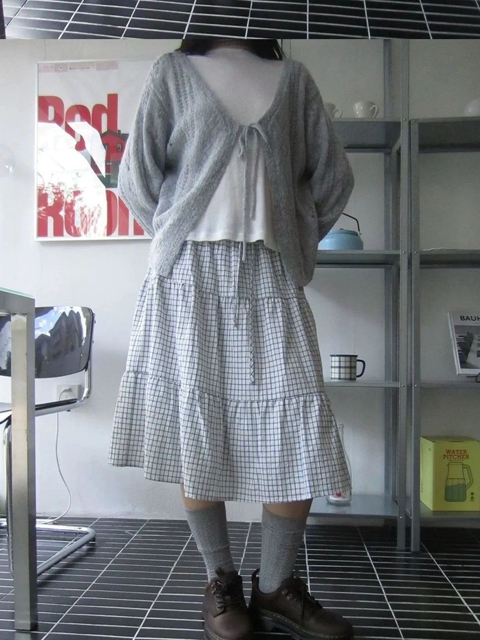 ang project Blue White Plaid Tie Waist A Line Skirt Skirt