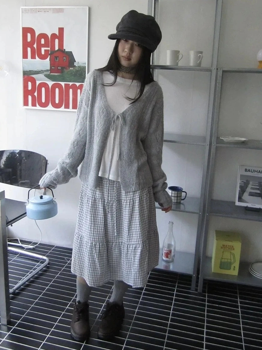 ang project Blue White Plaid Tie Waist A Line Skirt Skirt