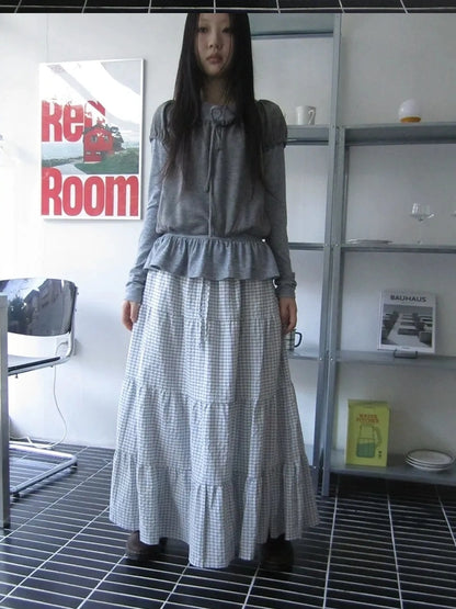 ang project Blue White Plaid Tie Waist A Line Skirt Skirt