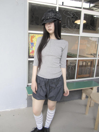 ang project Boat Neck Solid Slim Fit Half Sleeve Cropped Women&