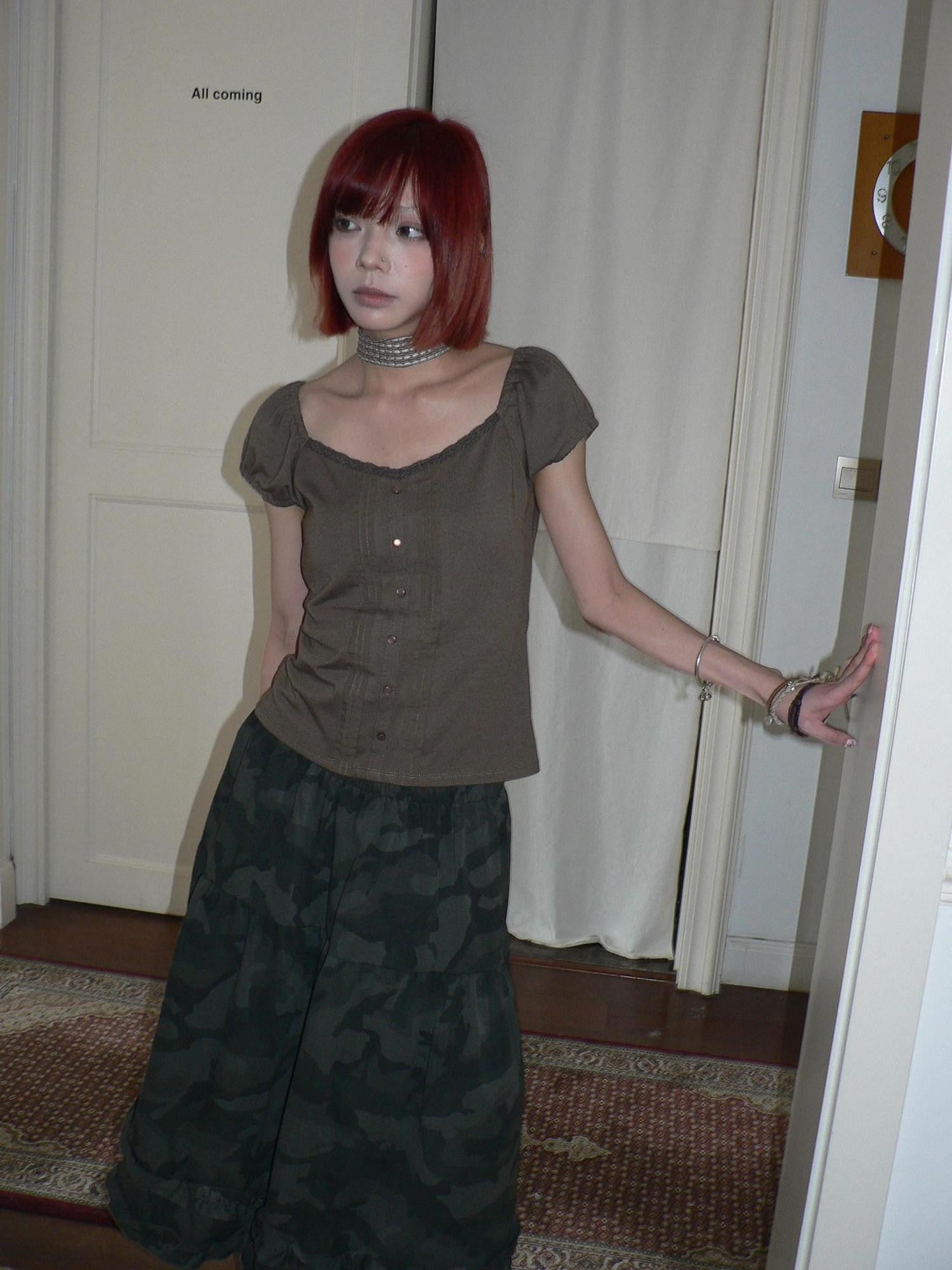 ang project Botanical Pleated Lace Button V-neck Brown Women&