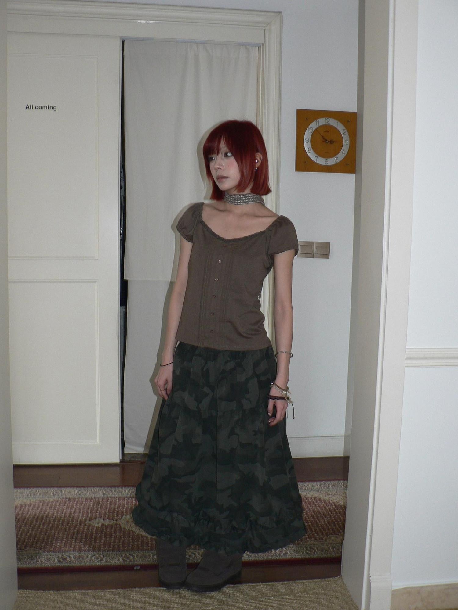 ang project Botanical Pleated Lace Button V-neck Brown Women&