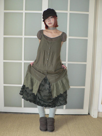 ang project Botanical Pleated Single Row Button Cutout Lace Layered Women&