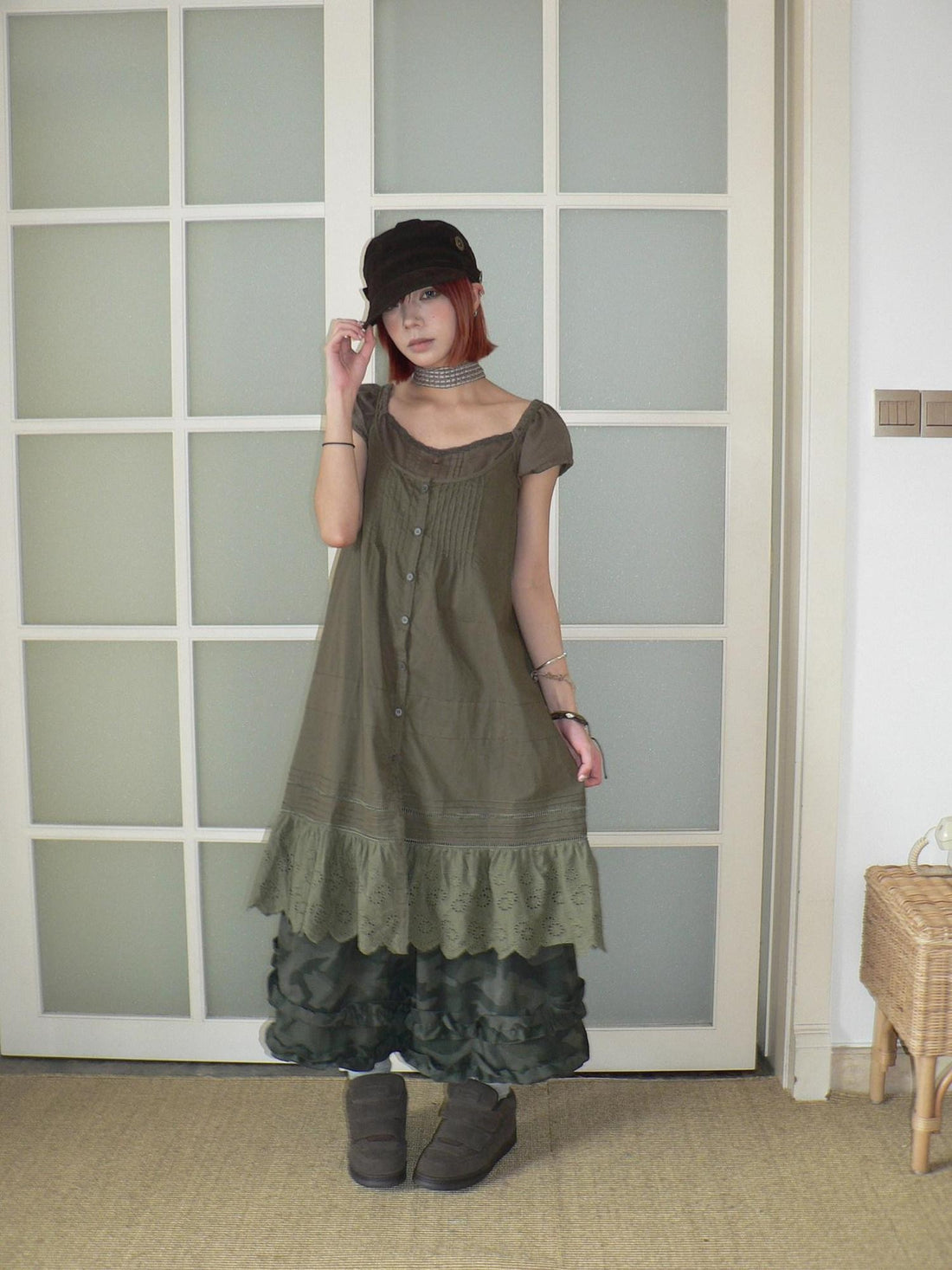 ang project Botanical Pleated Single Row Button Cutout Lace Layered Women&