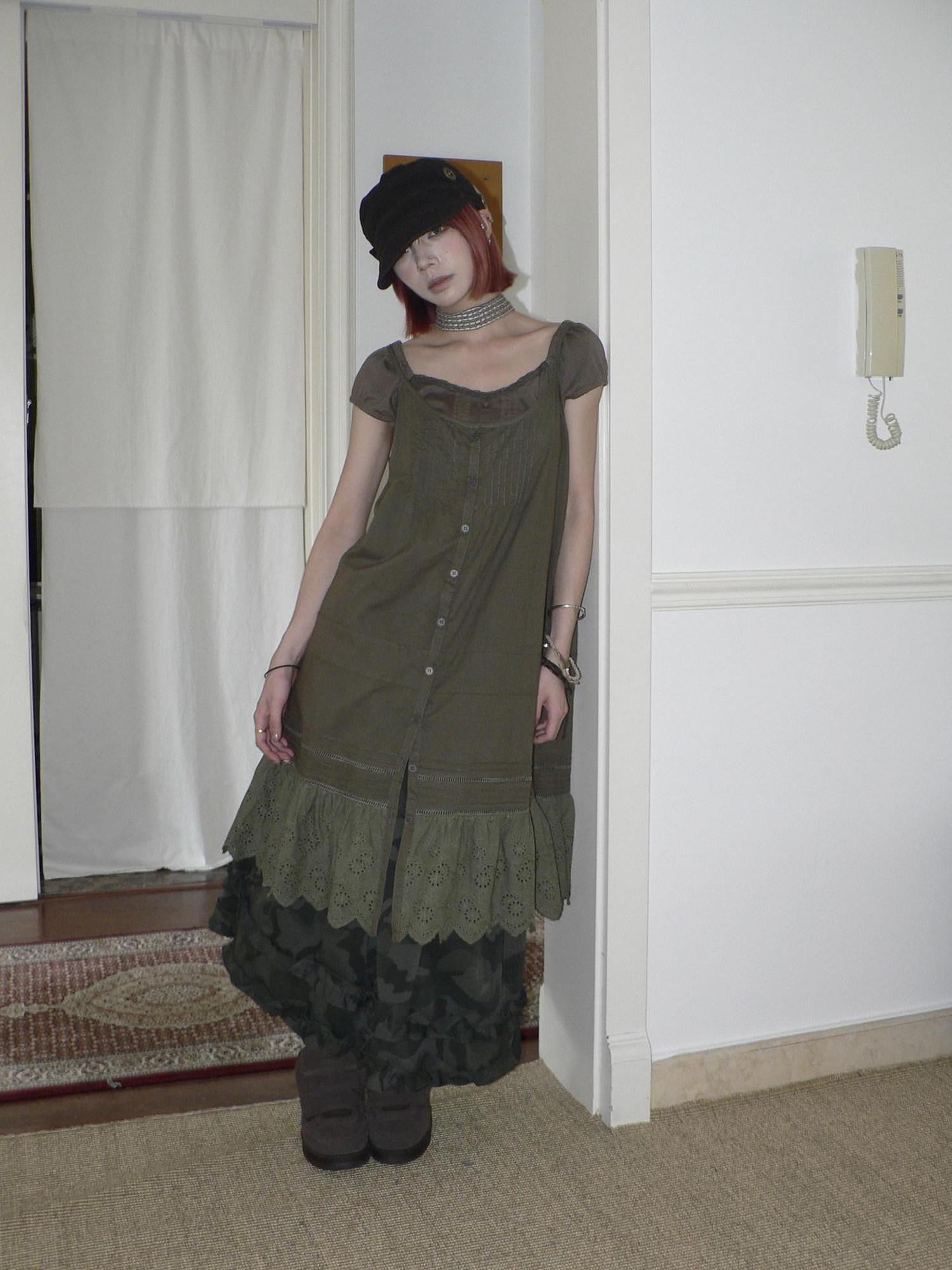 ang project Botanical Pleated Single Row Button Cutout Lace Layered Women&