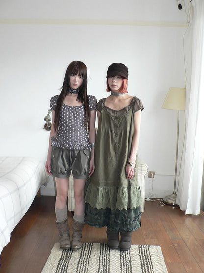 ang project Botanical Pleated Single Row Button Cutout Lace Layered Women&