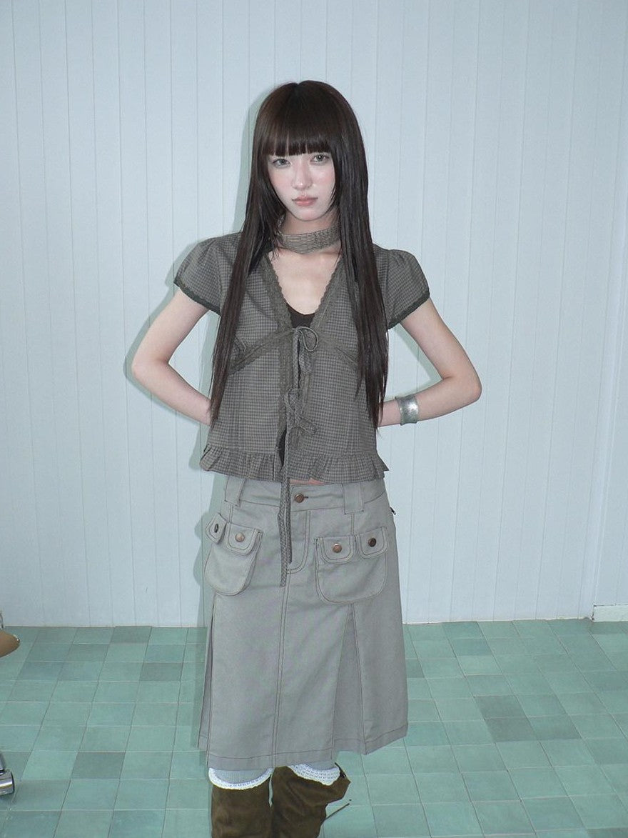 ang project Brown Plaid Contrast Lace Tie Layered Halter Cropped Women&