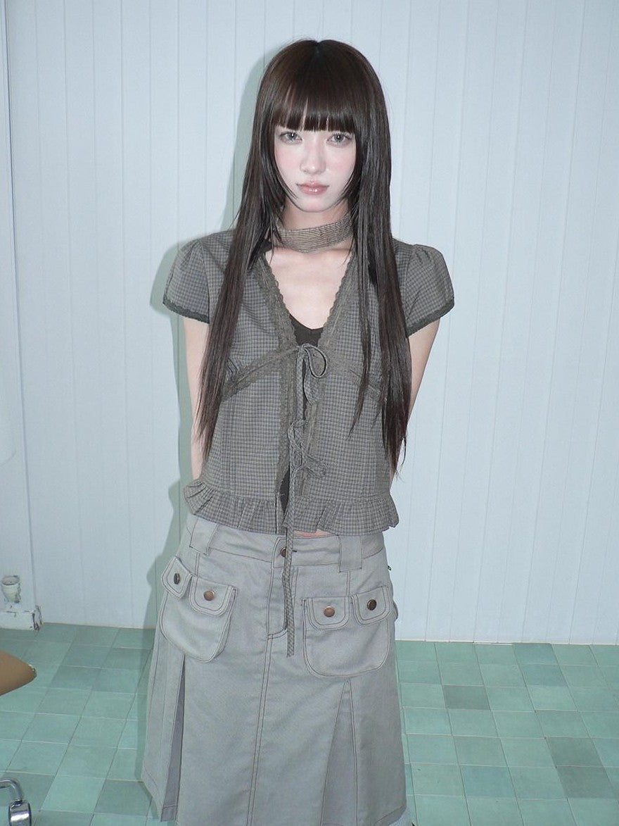 ang project Brown Plaid Contrast Lace Tie Layered Halter Cropped Women&