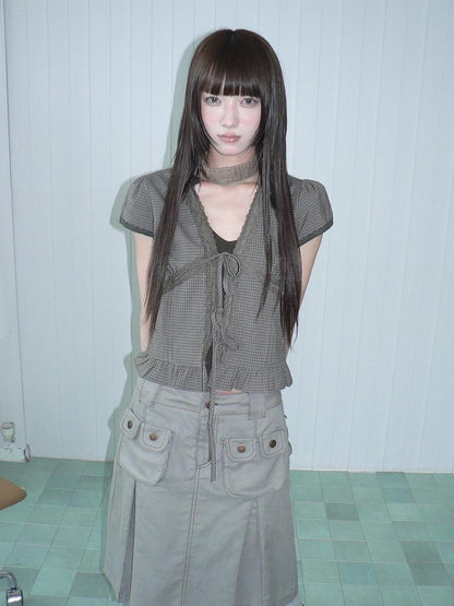 ang project Brown Plaid Contrast Lace Tie Layered Halter Cropped Women&