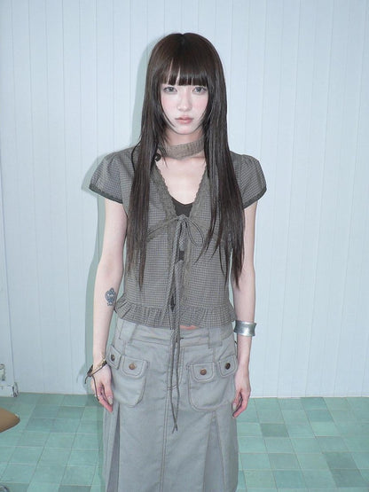 ang project Brown Plaid Contrast Lace Tie Layered Halter Cropped Women&