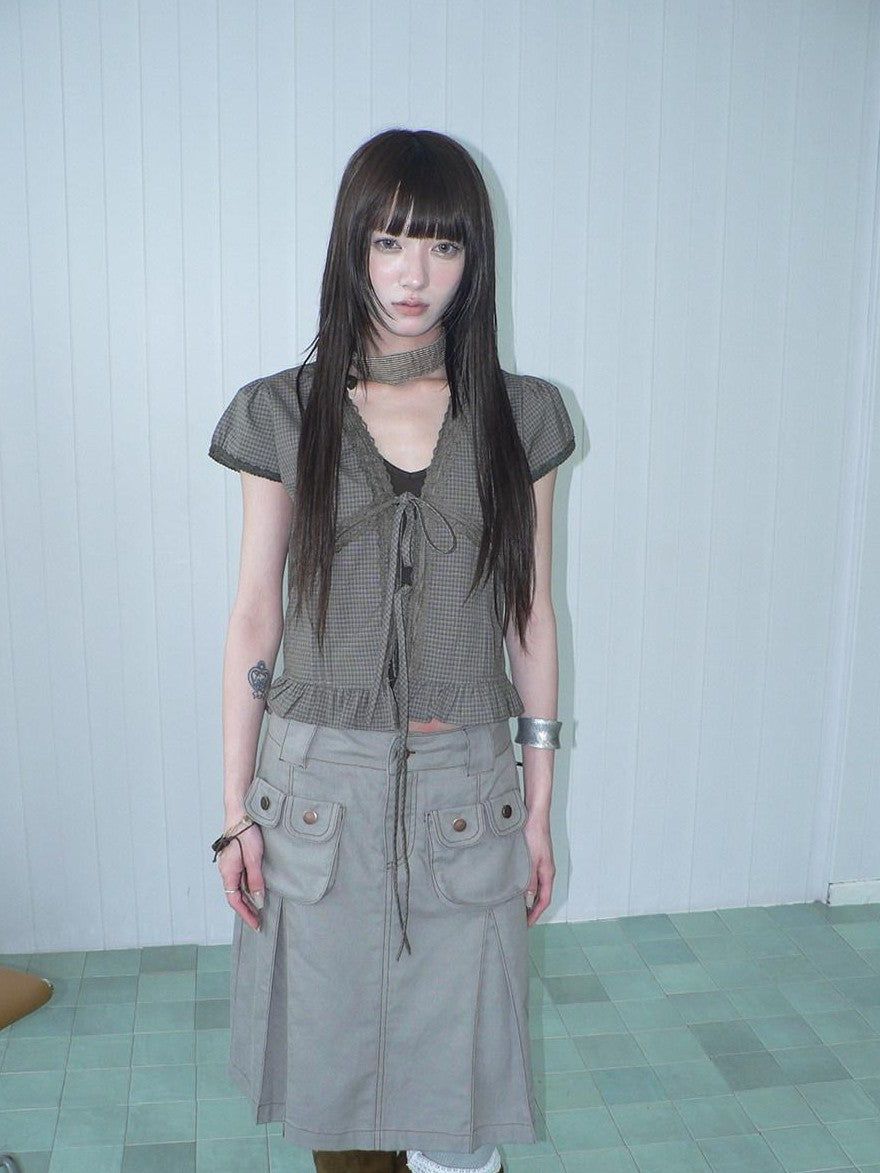 ang project Brown Plaid Contrast Lace Tie Layered Halter Cropped Women&