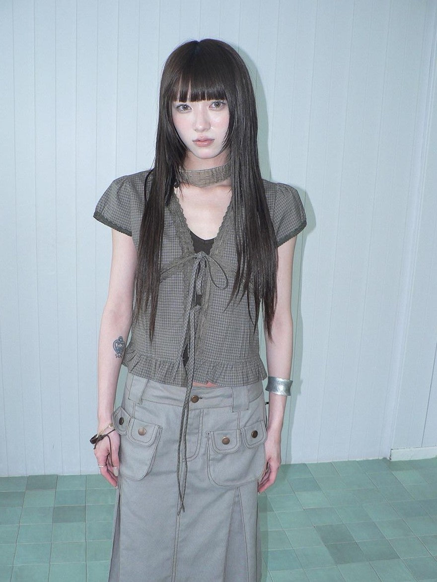 ang project Brown Plaid Contrast Lace Tie Layered Halter Cropped Women&