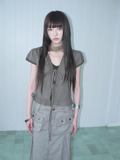 ang project Brown Plaid Contrast Lace Tie Layered Halter Cropped Women&