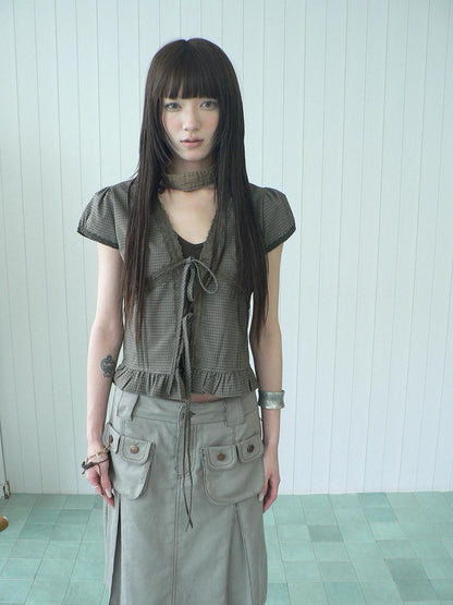 ang project Brown Plaid Contrast Lace Tie Layered Halter Cropped Women&