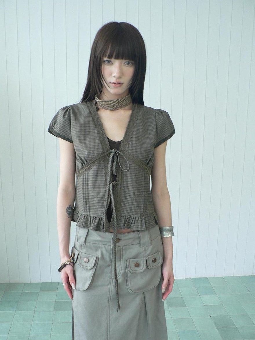 ang project Brown Plaid Contrast Lace Tie Layered Halter Cropped Women&