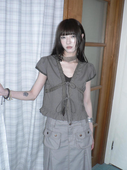 ang project Brown Plaid Contrast Lace Tie Layered Halter Cropped Women&