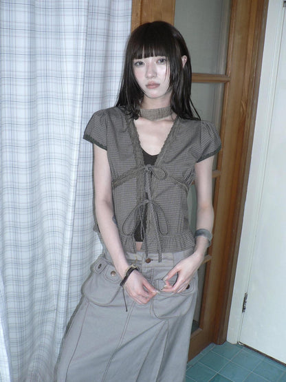 ang project Brown Plaid Contrast Lace Tie Layered Halter Cropped Women&