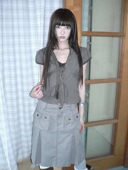 ang project Brown Plaid Contrast Lace Tie Layered Halter Cropped Women&