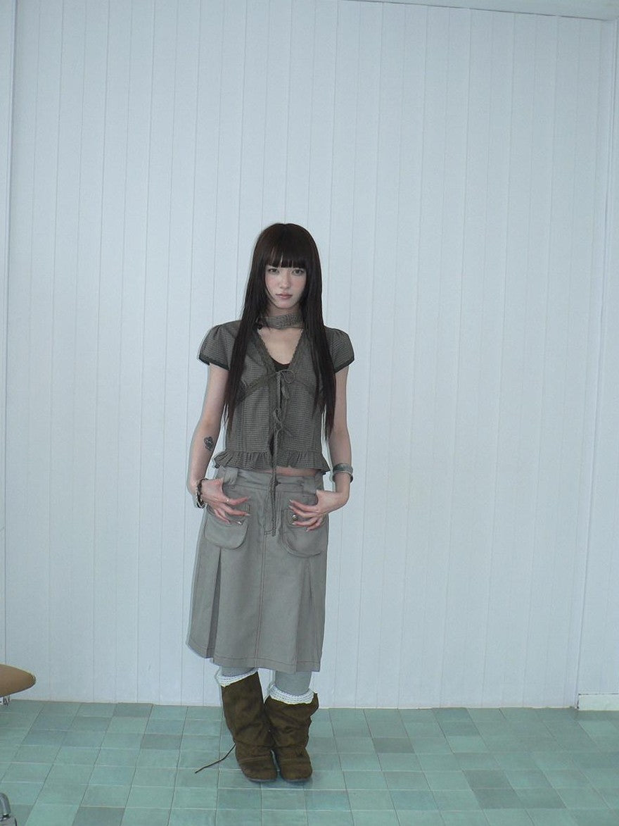 ang project Brown Plaid Contrast Lace Tie Layered Halter Cropped Women&