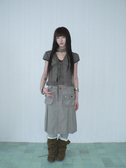 ang project Brown Plaid Contrast Lace Tie Layered Halter Cropped Women&