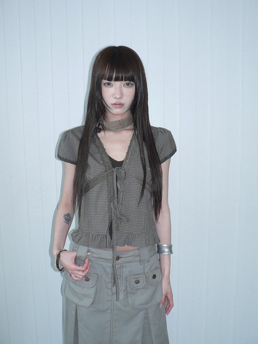 ang project Brown Plaid Contrast Lace Tie Layered Halter Cropped Women&