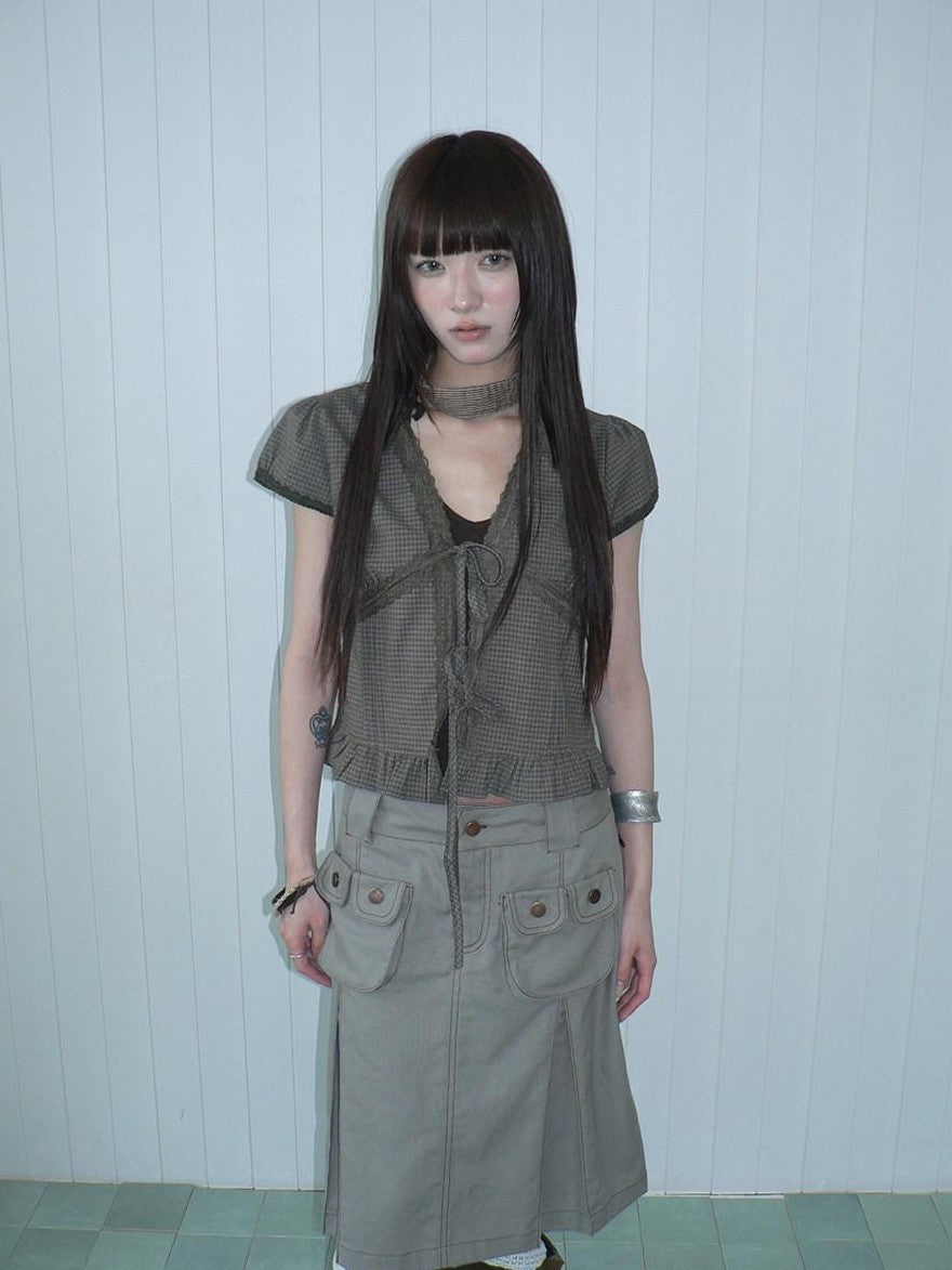 ang project Brown Plaid Contrast Lace Tie Layered Halter Cropped Women&