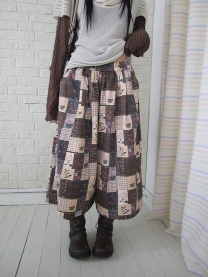 ang_project_Brown_Plaid_Floral_Patchwork_Elastic_Waist_Women&