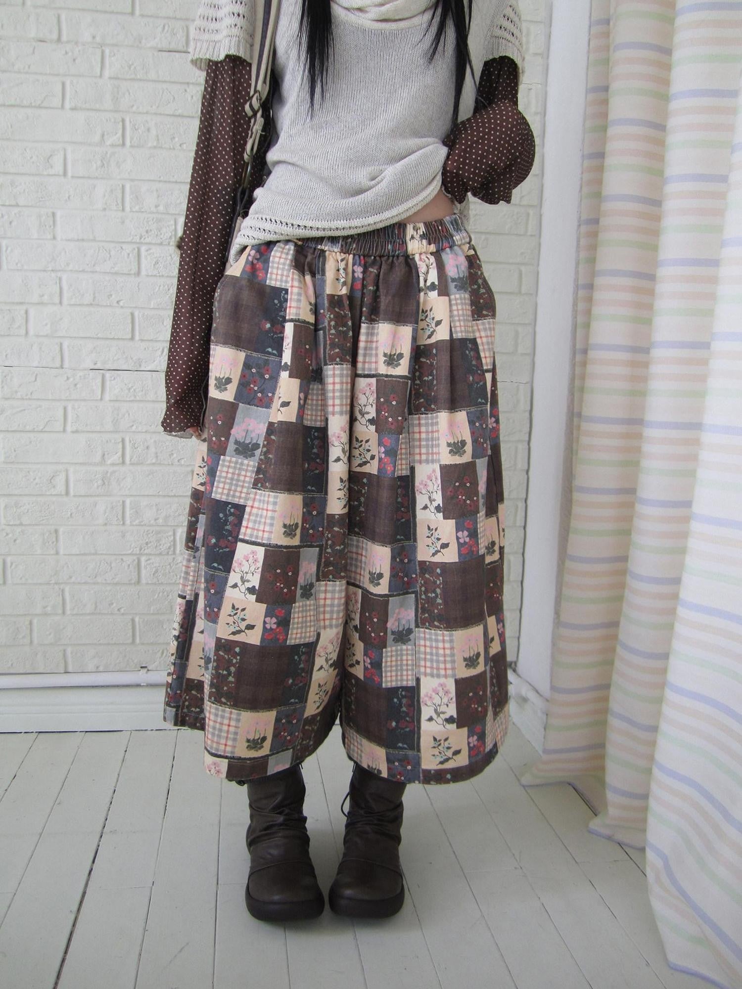 ang project Brown Plaid Floral Patchwork Elastic Waist Women&