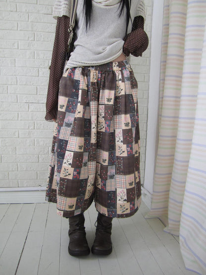 ang project Brown Plaid Floral Patchwork Elastic Waist Women&