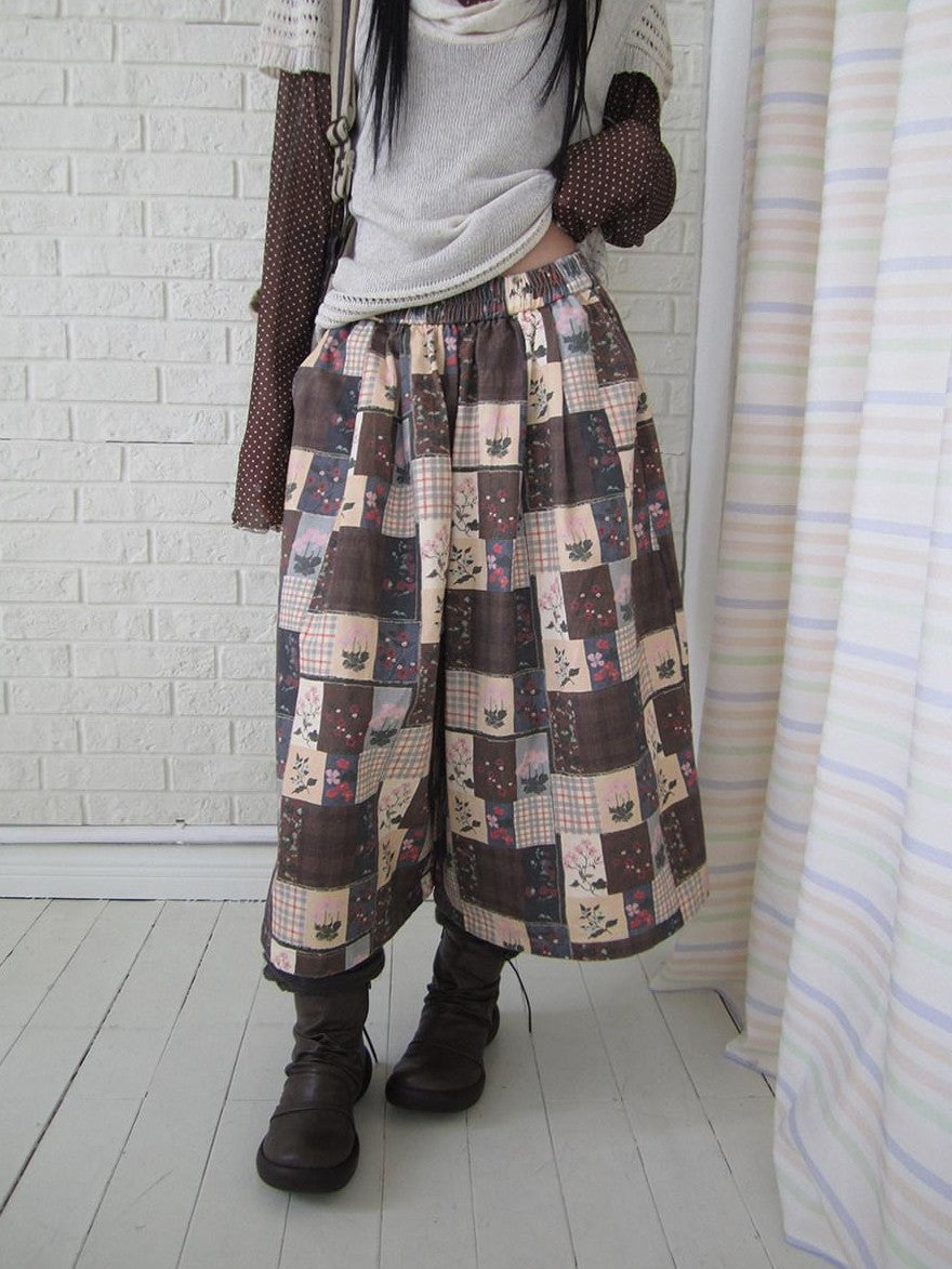 ang project Brown Plaid Floral Patchwork Elastic Waist Women&