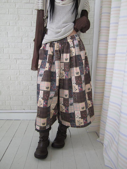 ang project Brown Plaid Floral Patchwork Elastic Waist Women&