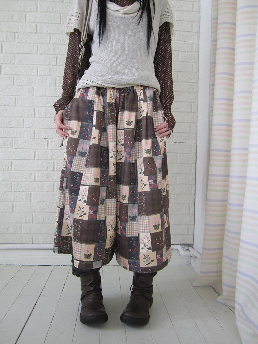 ang project Brown Plaid Floral Patchwork Elastic Waist Women&
