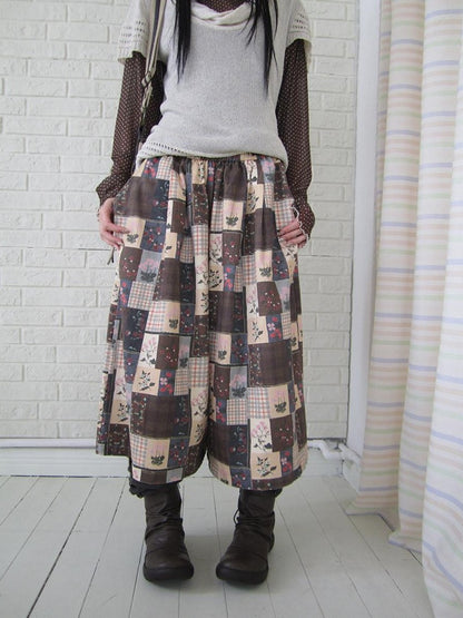 ang project Brown Plaid Floral Patchwork Elastic Waist Women&