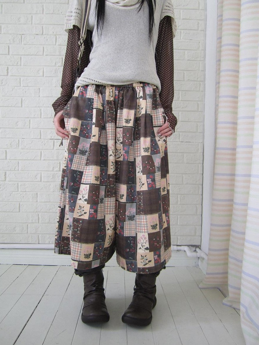ang project Brown Plaid Floral Patchwork Elastic Waist Women&
