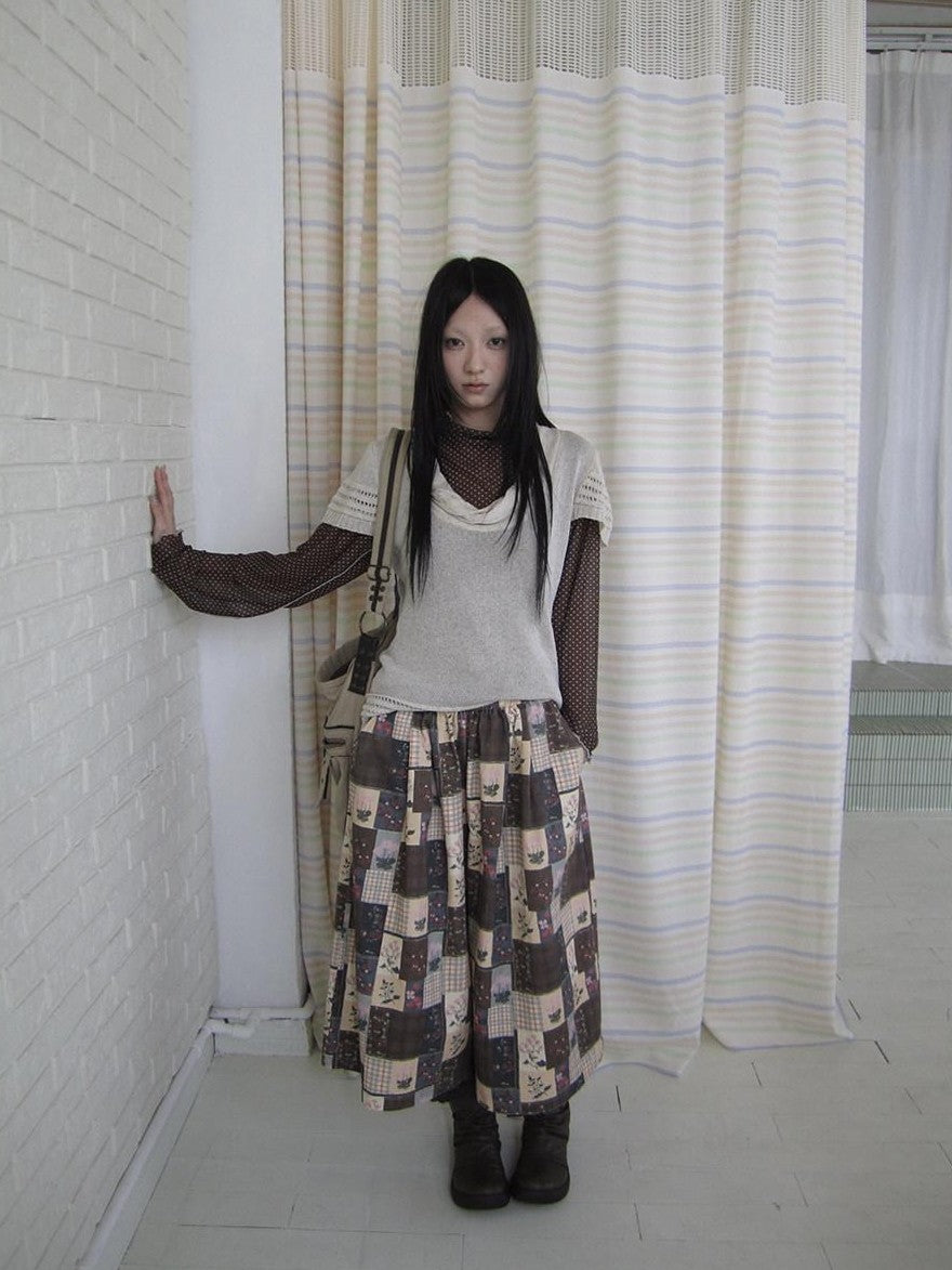 ang project Brown Plaid Floral Patchwork Elastic Waist Women&
