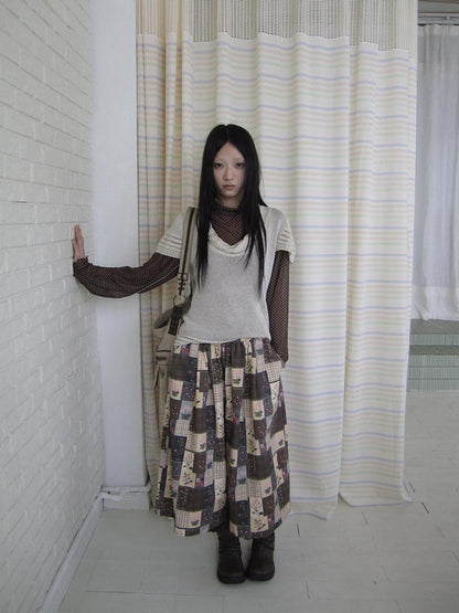 ang project Brown Plaid Floral Patchwork Elastic Waist Women&
