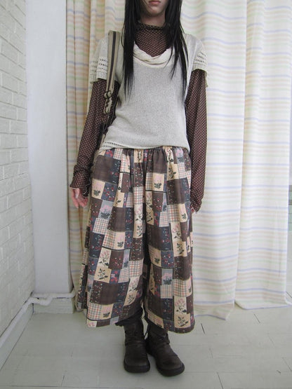 ang project Brown Plaid Floral Patchwork Elastic Waist Women&