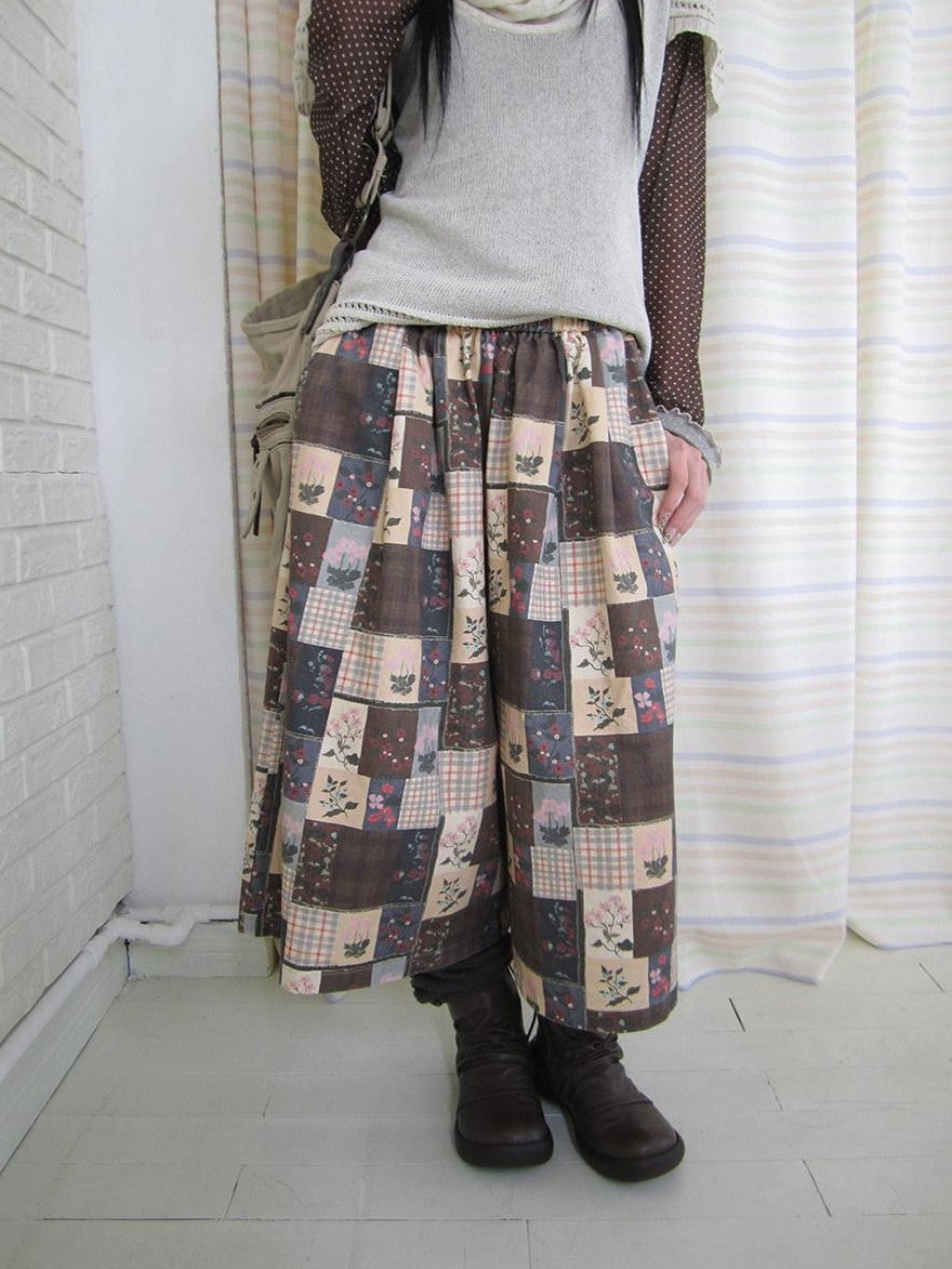 ang project Brown Plaid Floral Patchwork Elastic Waist Women&