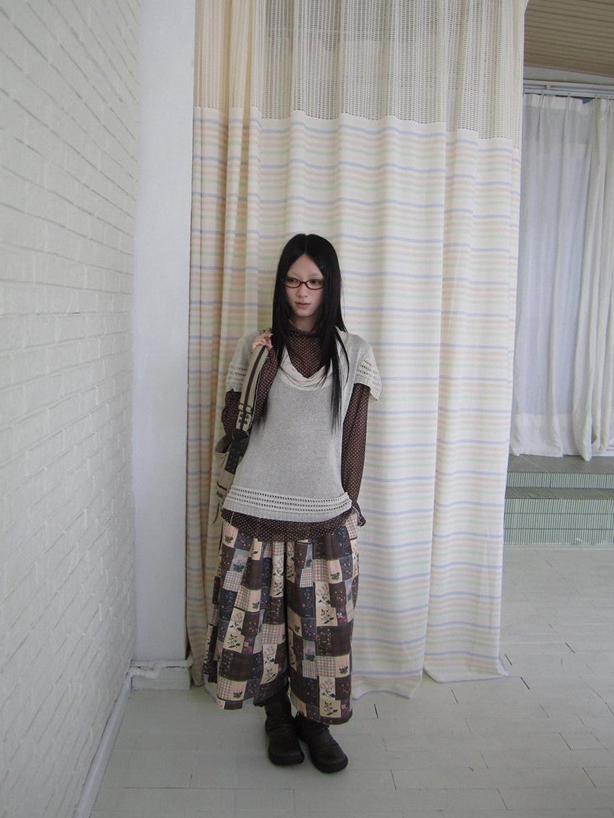 ang project Brown Plaid Floral Patchwork Elastic Waist Women&