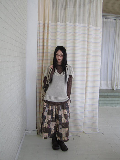 ang project Brown Plaid Floral Patchwork Elastic Waist Women&