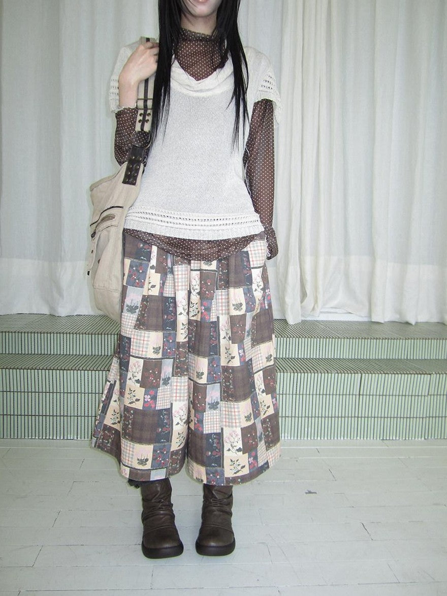 ang project Brown Plaid Floral Patchwork Elastic Waist Women&