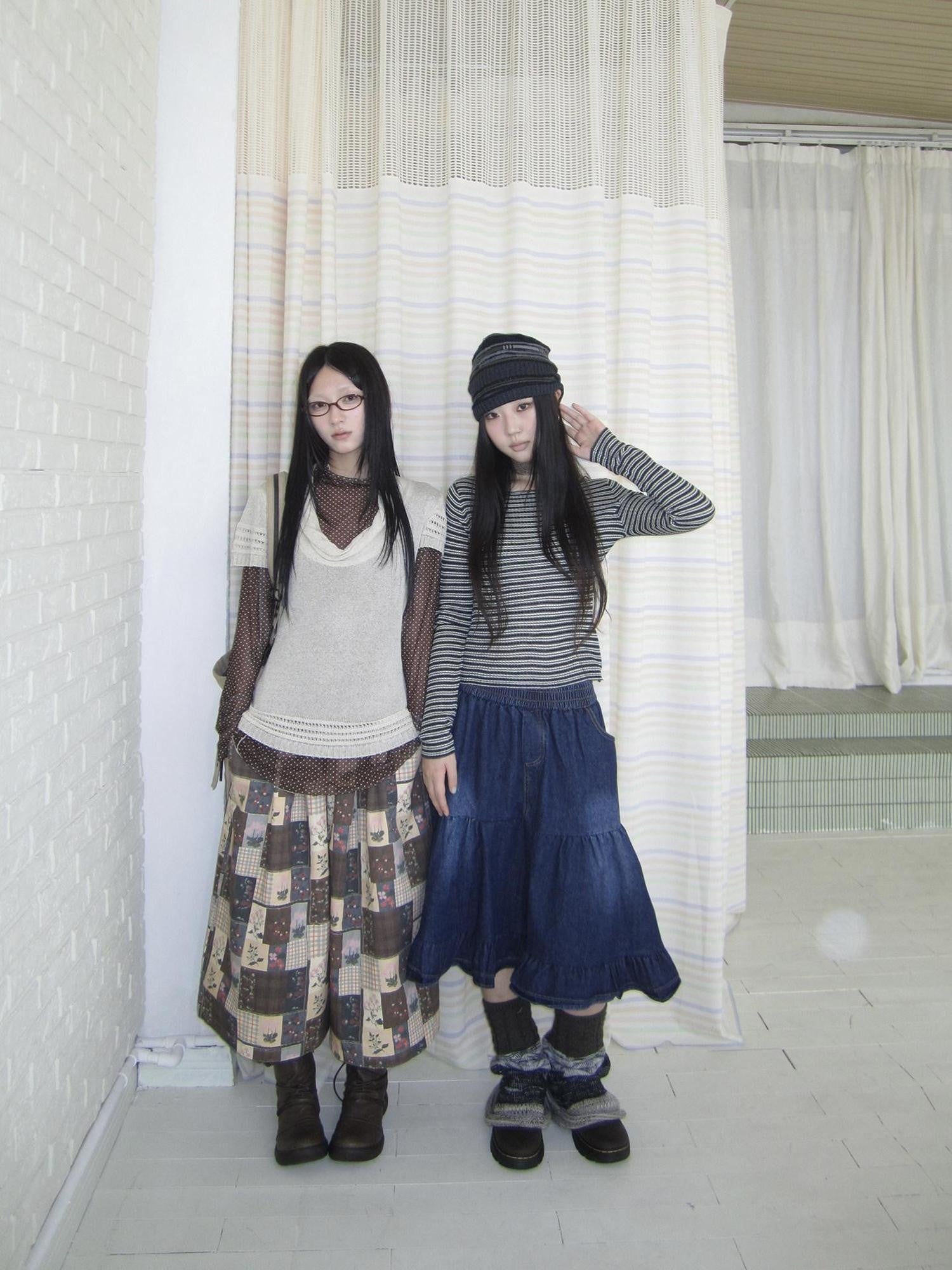 ang project Brown Plaid Floral Patchwork Elastic Waist Women&