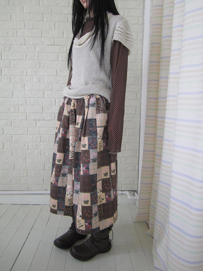 ang project Brown Plaid Floral Patchwork Elastic Waist Women&