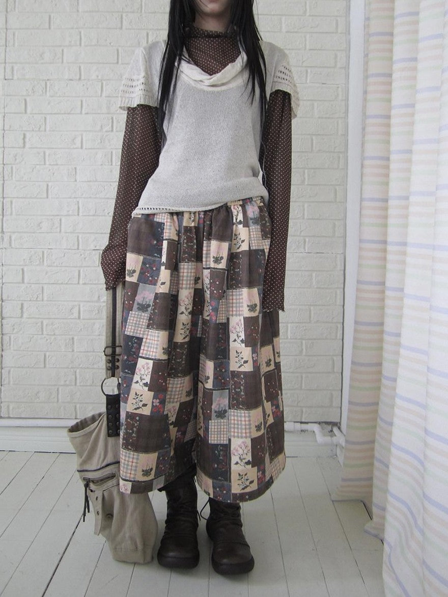 ang project Brown Plaid Floral Patchwork Elastic Waist Women&