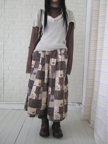 ang project Brown Plaid Floral Patchwork Elastic Waist Women&