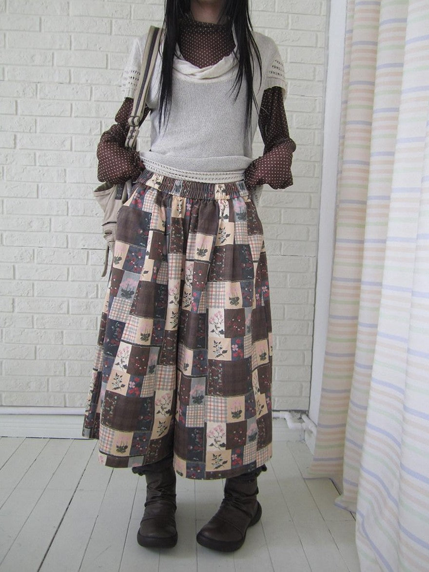 ang project Brown Plaid Floral Patchwork Elastic Waist Women&