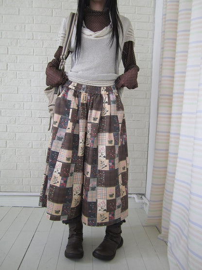 ang project Brown Plaid Floral Patchwork Elastic Waist Women&