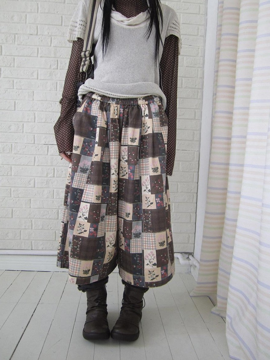 ang project Brown Plaid Floral Patchwork Elastic Waist Women&